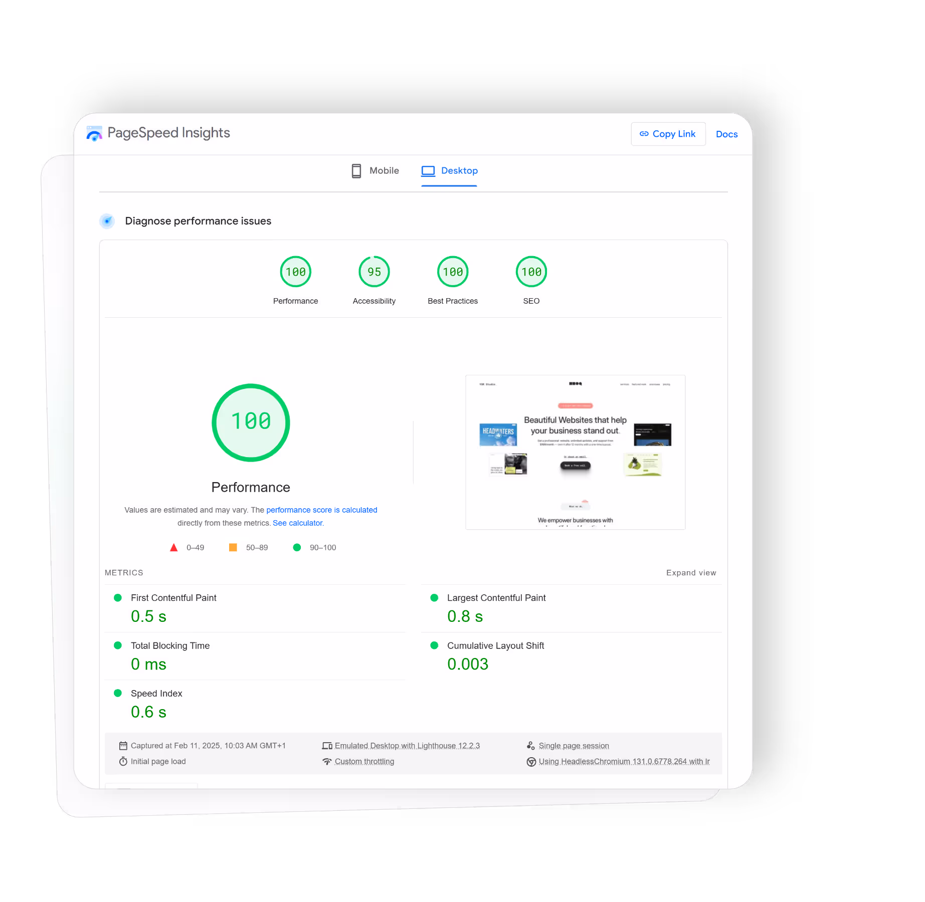 PageSpeed performance audit results